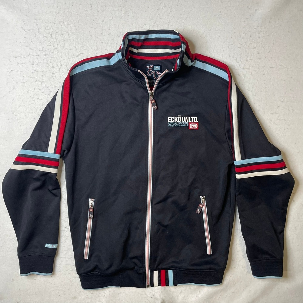 ECKO UNLTD Actual Factual‎ Track Jacket Full Zip Black Red Blue White Size M Y2K